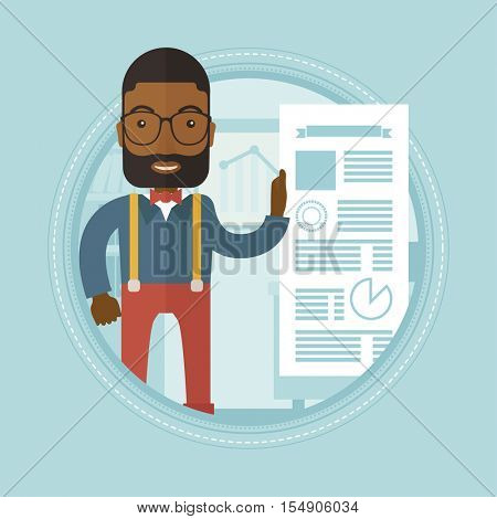 African businessman showing his business presentation. Man giving business presentation. Businessman during business presentation. Vector flat design illustration in the circle isolated on background.
