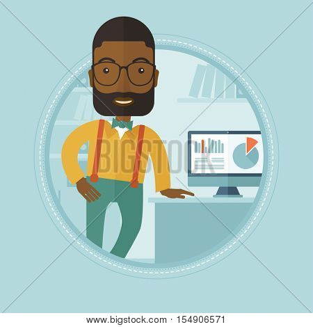 An african businessman leaning on a table in office during business presentation. Man giving business presentation. Business presentation in progress. Vector flat design illustration in the circle.