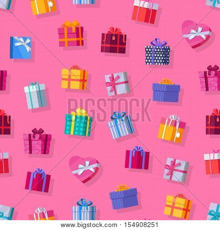 Seamless pattern gift boxes. Colorful wrapped gift boxes. Beautiful present box with overwhelming bow. Various gift boxes on pink background. Gift symbol. Christmas gift box. Vector illustration