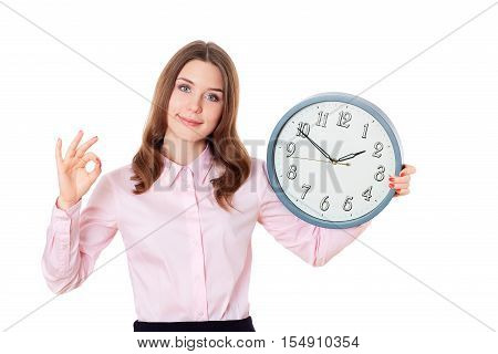 Blond Girl Showing Ok Okay Success Hand Sign Gesture Isolated On White.businesswoman Holding Clock.w
