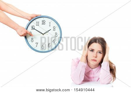 woman is holding in hands clock. Concept time.