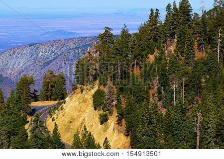 Angeles Highway also known as Highway 2 winding through the San Gabriel Mountains overlooking the Mojave Desert taken in the San Gabriel Mountains, CA