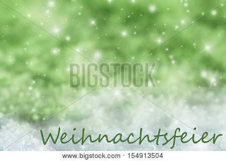German Text Weihnachtsfeier Means Christmas Party. Green Sparkling Christmas Background Or Texture With Snow. Copy Space For Your Text Here