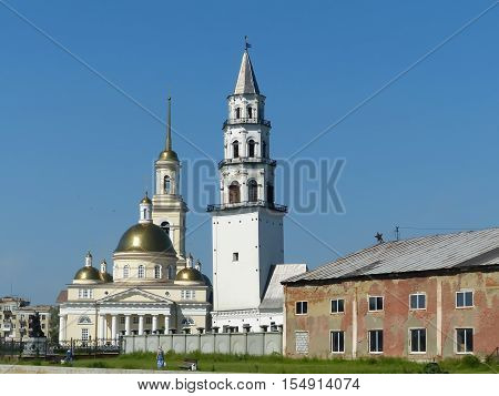Spaso-Preobrazhensky cathedral church and leaning tower in Nevyansk Sverdlovsk region. Russia orthodox architecture.