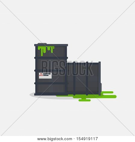 Toxic barrels with green poisonus flowing liquid. Danger ecology concept.