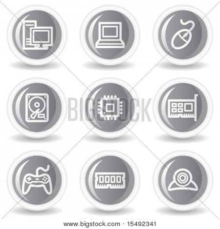 Icone web computer, lucido pulsante cerchio grigio