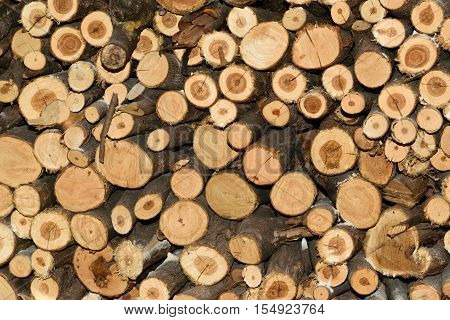 Stack of round firewood background texture horizontal