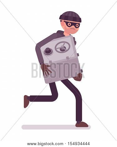 Thief in a black mask stole safe and is running away. Cartoon vector flat-style concept illustration