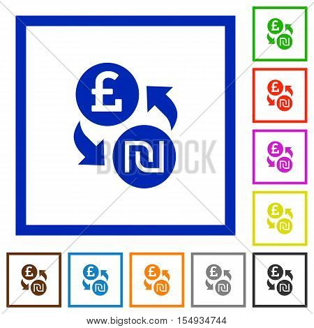 Pound Shekel exchange flat color icons in square frames