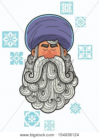 Cartoon portrait of man with turban and big beard.
