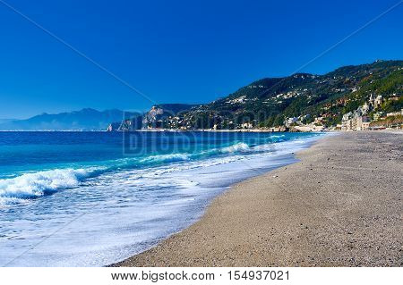 Empty beach. Province of Savona Liguria. Italy