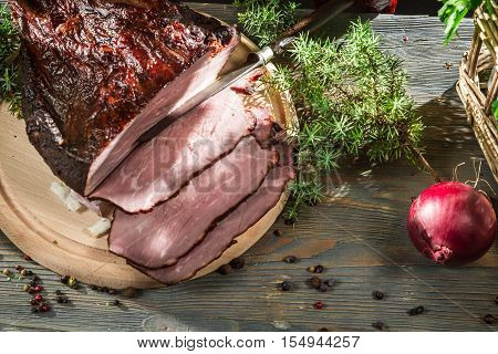 Freshly Smoked Ham In A Rural Smokehouse