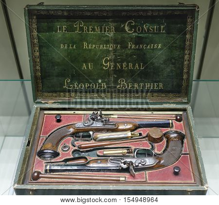 Moscow Russia -September 082016: Dueling pistols set with flint. Present Napoleon's General Berthier.Museum of the Patriotic War of 1812