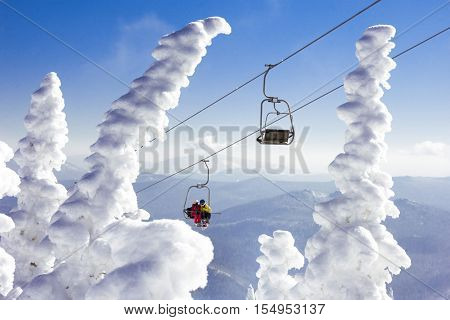 Ski lift at Sheregesh winter resort. Siberia, Russia