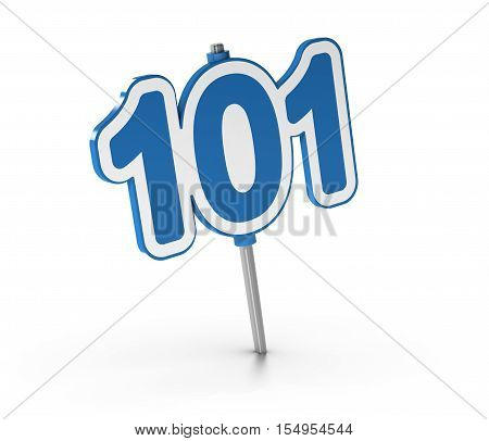 3D illustration of the number 101 over white background. Symbol of introductory courses