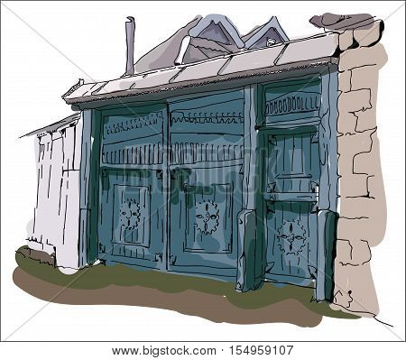 Digital vector abstract hand drawn green wooden village gate doodle in Moldova, flat style