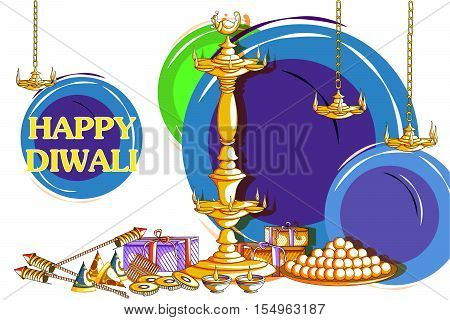 easy to edit vector illustration of decorated diya with cracker for Happy Diwali holiday background