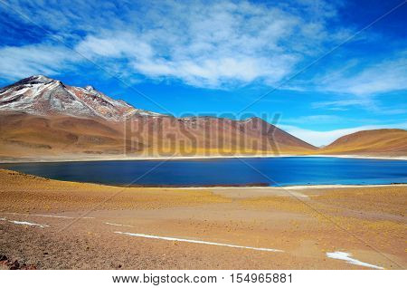 Panoramic view of the Laguna Altiplanica which is a high plateau Lagoon in the area of San Pedro de Atacama in Chile, South America