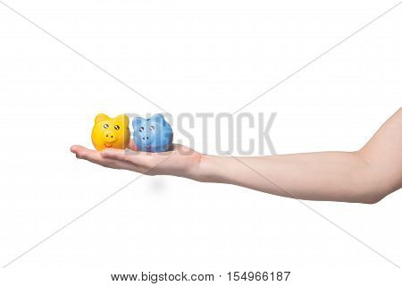 human hand holding yellow and blue sky piggy bank on isolated white background Saving money for investment concept.