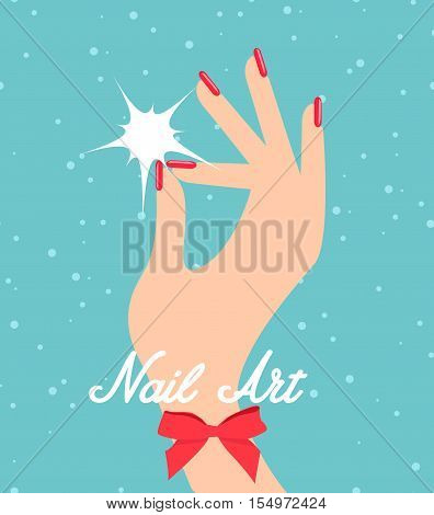 Woman hand with red fingernails. Gift certificate for a nail salon