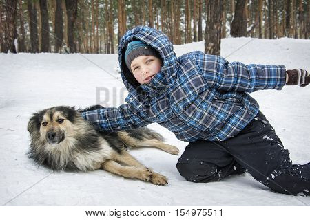Winter in the forest little boyl playing with a stray dog.