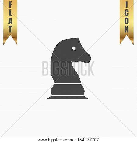 Chess knight. Flat Icon. Vector illustration grey symbol on white background with gold ribbon