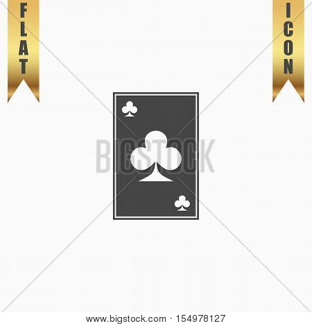 Clubs card. Flat Icon. Vector illustration grey symbol on white background with gold ribbon