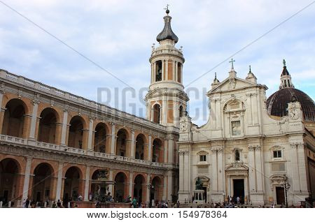 LORETO ITALY - JULY 13: The Shrine of Loreto crowded of tourists on July 13 2014 in Loreto Italy