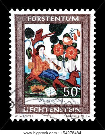 LIECHTENSTEIN - CIRCA 1974 : Cancelled postage stamp printed by Liechtenstein, that shows Saint Wendelin.