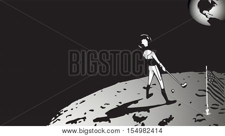 Astronaut plays golf on the moon and sees the Earth.