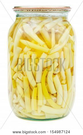 Marinated siliculose haricot in a glass jar isolated on white background.