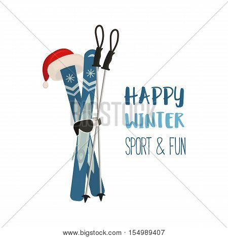 Mountain ski pole Santa Claus hat icon. Vector cartoon winter symbol isolated. Season greeting card with happy skiing sport and fun. Design idea for advertisement of active lifestyle banner background