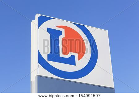 St Georges de Reneins, France - October 11, 2016: Leclerc logo on a panel. Leclerc is a french hypermarket chain Leclerc and has more than 500 locations in France and more than 110 stores in Europe
