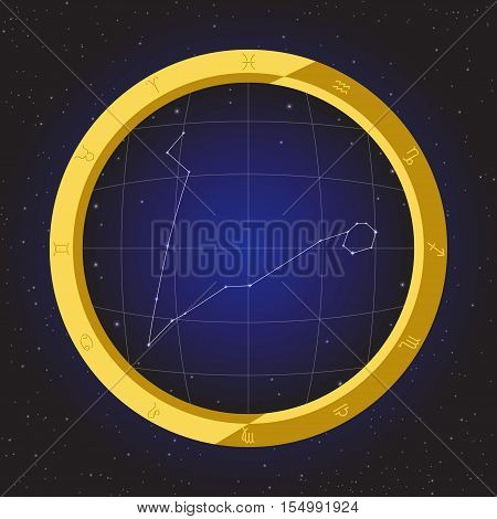 pisces star horoscope zodiac in fish eye telescope golden ring frame with cosmos background