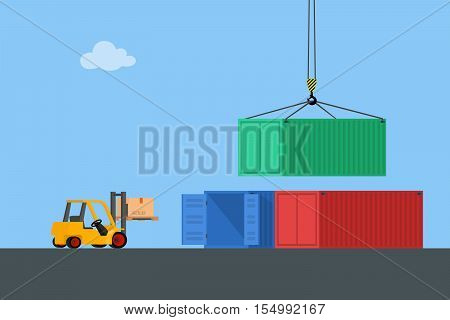 Concept marine cargo port. Unloading of sea cargo containers by a forklift. Closed containers and one outdoor. Vector illustration.