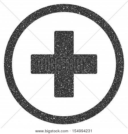 Plus rubber seal stamp watermark. Icon symbol inside circle frame with grunge design and unclean texture. Scratched vector gray ink sticker on a white background.