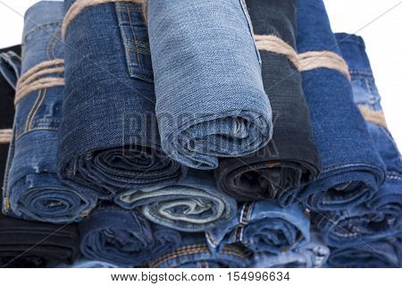 Jeans roll stack on the isolated background