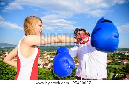Signs You Are Henpecked Husband. Leadership Family Relations. Couple Boxing Gloves Fight Sky Backgro