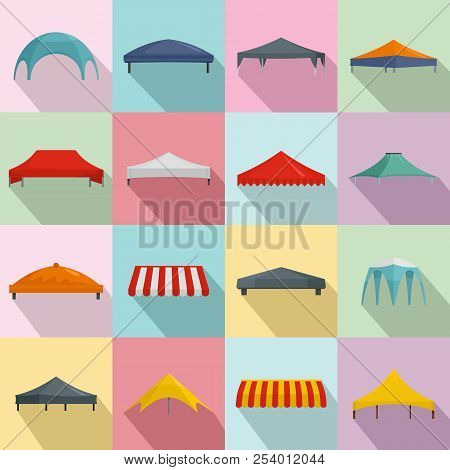 Canopy Shed Overhang Icons Set. Flat Illustration Of 16 Canopy Shed Overhang Icons For Web