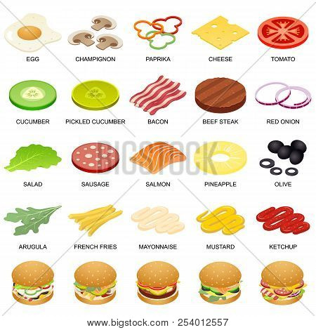 Burger Ingredient Icons Set. Isometric Illustration Of 25 Burger Ingredient Food Icons For Web