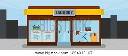 Laundry Building Banner Horizontal. Flat Illustration Of Laundry Building Banner Horizontal For Web 