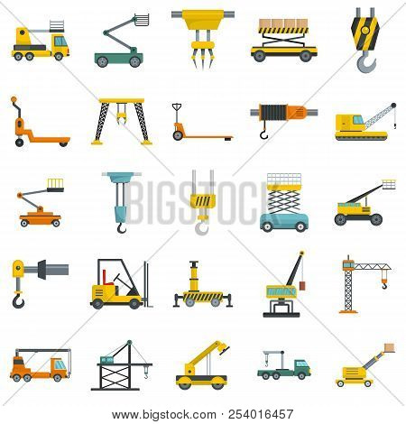 Lifting Machine Equipment Icons Set. Flat Illustration Of 25 Lifting Machine Equipment Cargo Icons I