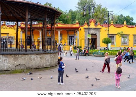 MEXICO CITY,MEXICO - JULY 13,2018 : The main square and the town hall at the historic neighborhood of Coyoacan in Mexico City