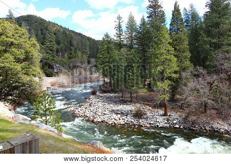 A River With Rapids In The Mountains In California Enroute Lake Tahoe.