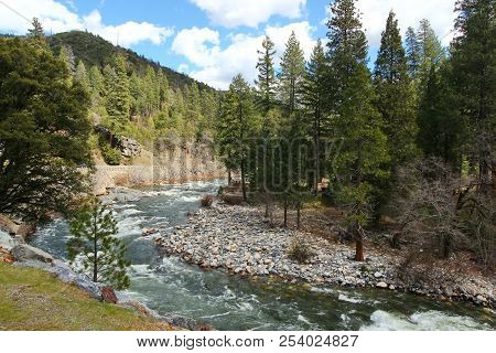 A River With Rapids In The Mountains In California Enroute Lake Tahoe.