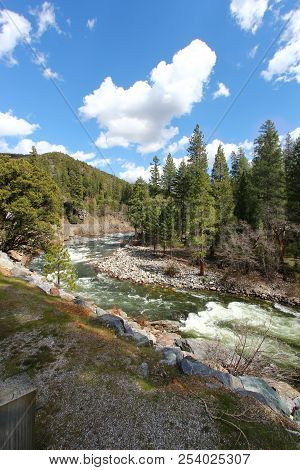 A River With Rapids In The Mountains In California Enroute Lake Tahoe.
