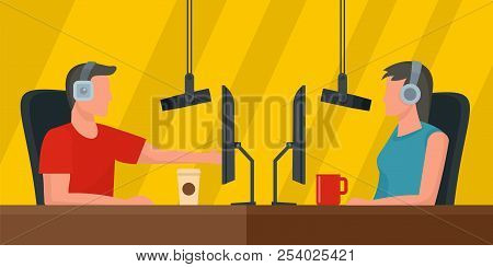 Live Radio Studio Banner Horizontal. Flat Illustration Of Live Radio Studio Banner Horizontal For We