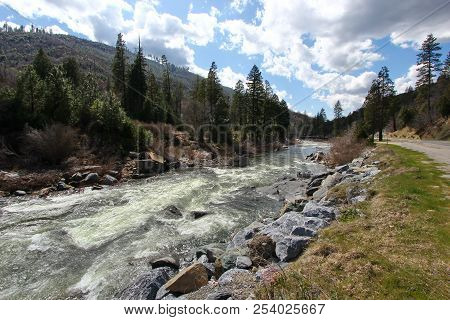 A River With Rapids In The Mountains In California Enroute Lake Tahoe.