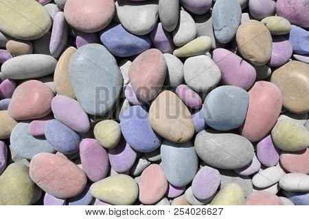 Cheerful Texture With Colorful Colored Sea Stones. Bright Background Of Multi-colored Round Stones, 