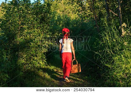 Young Girl Walking On A Path Through Green Woods Carrying A Birchbark Basket
